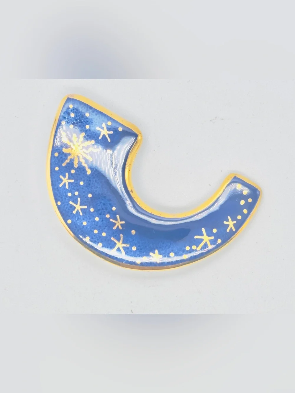Porcelain Pottery Brooch Pin Blue Gold Star Night Sky Fireworks Painted Artist